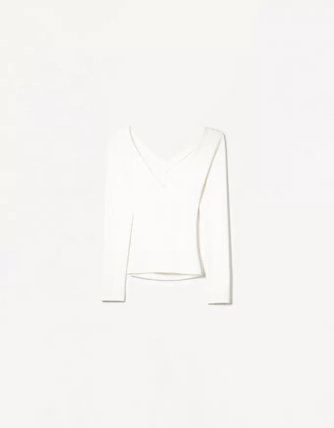 T-shirt a maniche lunghe con scollo a V arricciato