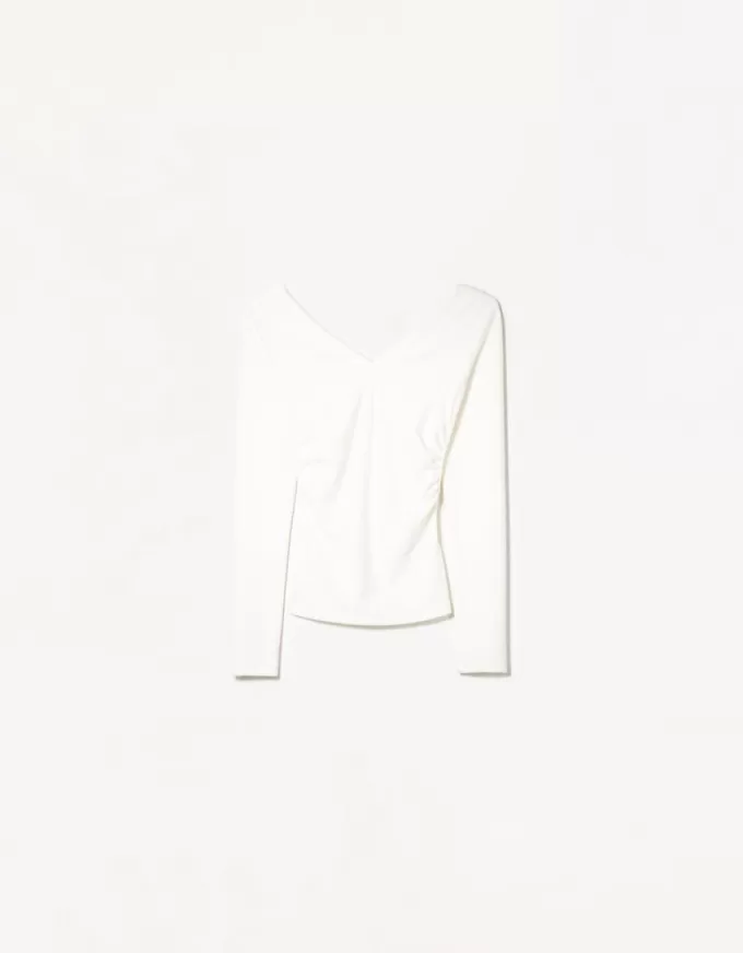 T-shirt a maniche lunghe con scollo a V arricciato