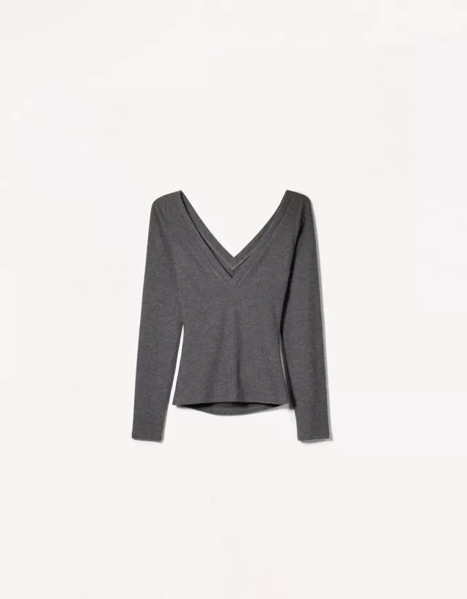 T-shirt a maniche lunghe con scollo a V arricciato