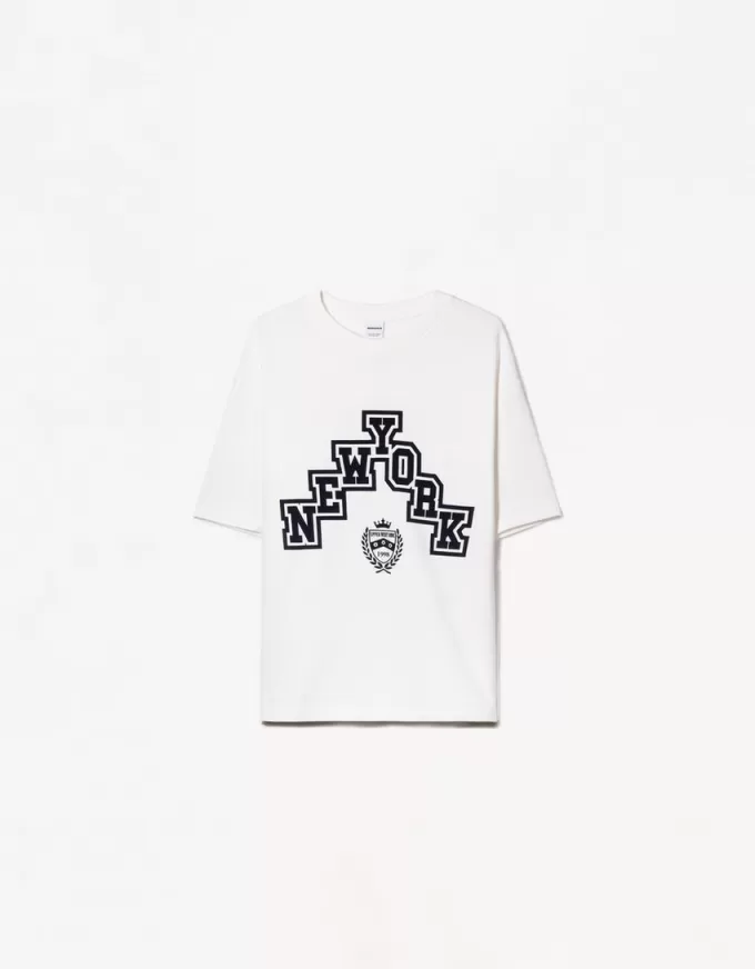 T-shirt con stampa sportiva in materiale felpato a maniche corte