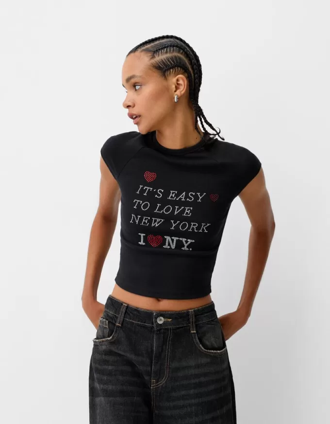 T-shirt cropped a manica corta con stampa