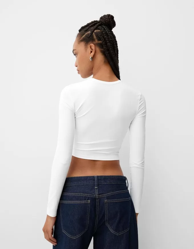 T-shirt in poliammide a maniche lunghe con arricciatura