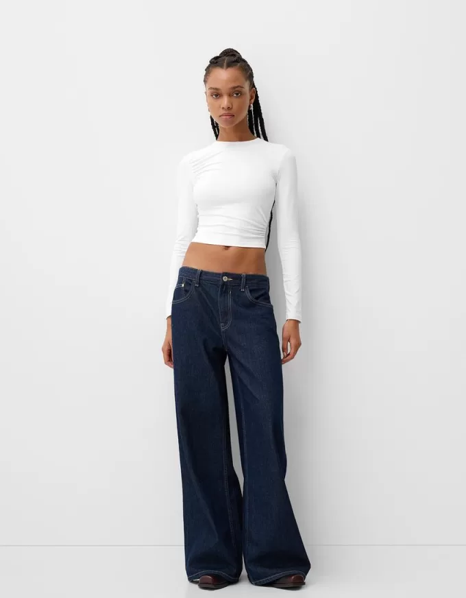 T-shirt in poliammide a maniche lunghe con arricciatura