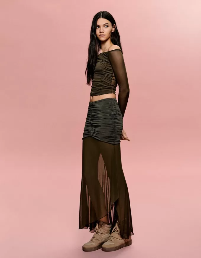 T-shirt in tulle arricciato a manica lunga SERIE BERSHKA