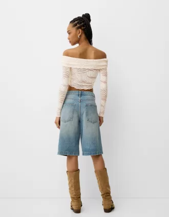 T-shirt rustica a maniche lunghe con scollo Bardot