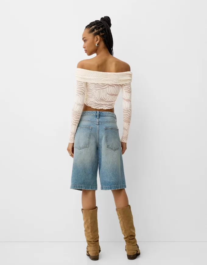 T-shirt rustica a maniche lunghe con scollo Bardot