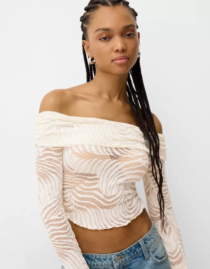 T-shirt rustica a maniche lunghe con scollo Bardot