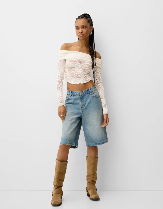 T-shirt rustica a maniche lunghe con scollo Bardot