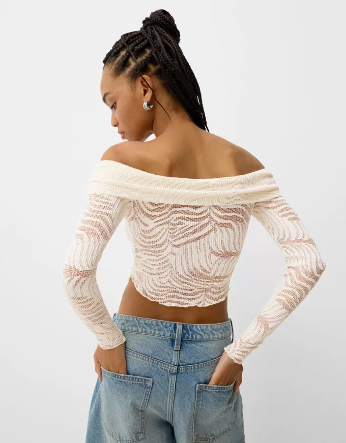 T-shirt rustica a maniche lunghe con scollo Bardot