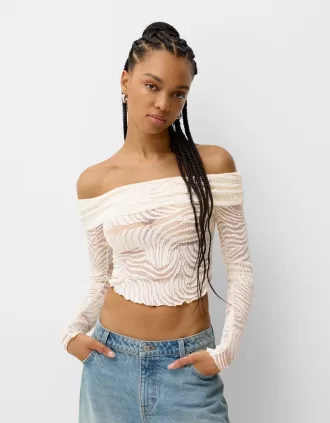 T-shirt rustica a maniche lunghe con scollo Bardot