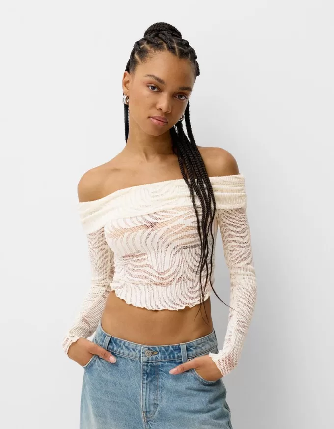 T-shirt rustica a maniche lunghe con scollo Bardot