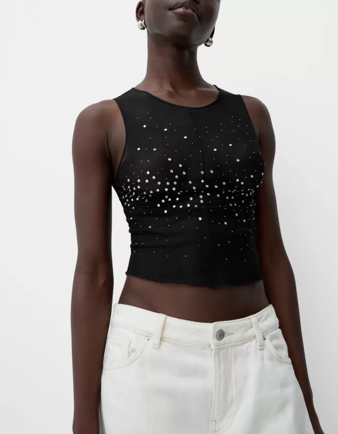 T-shirt senza maniche in tulle strass