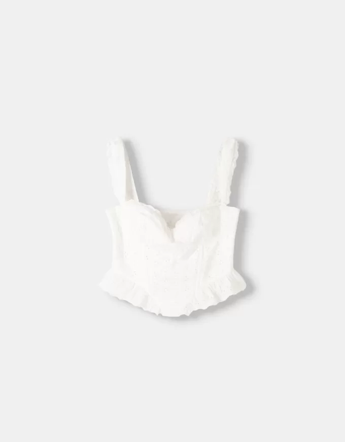 Top arricciato con ricamo svizzero