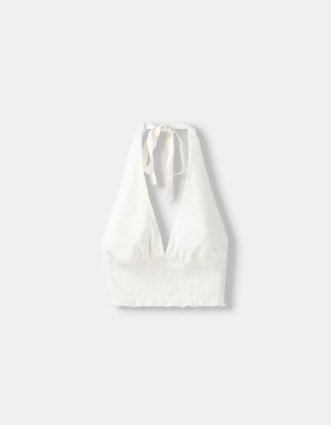 Top corto in misto lino con scollo all’americana