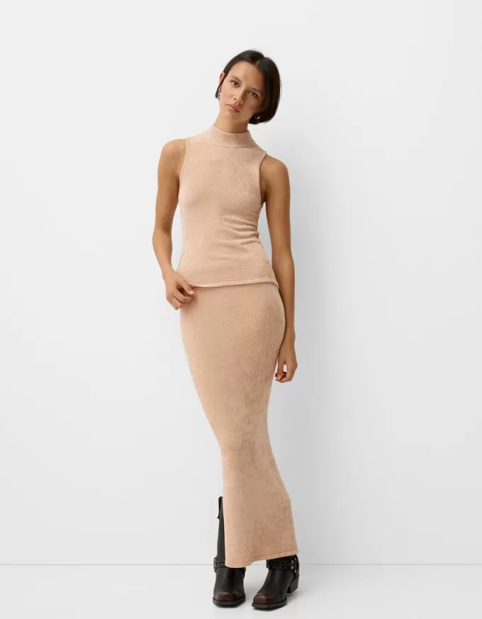 Top in velluto a collo alto con dettaglio cravatta