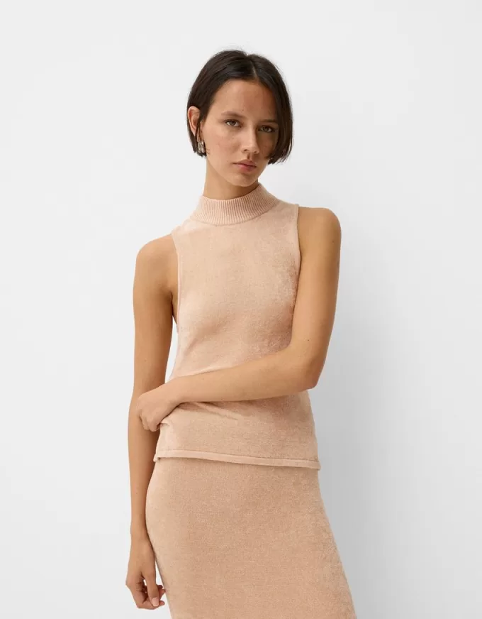 Top in velluto a collo alto con dettaglio cravatta