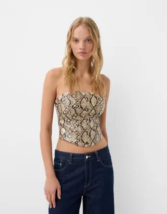 Top ispirato alla corsetteria con stampa animalier effetto pelle