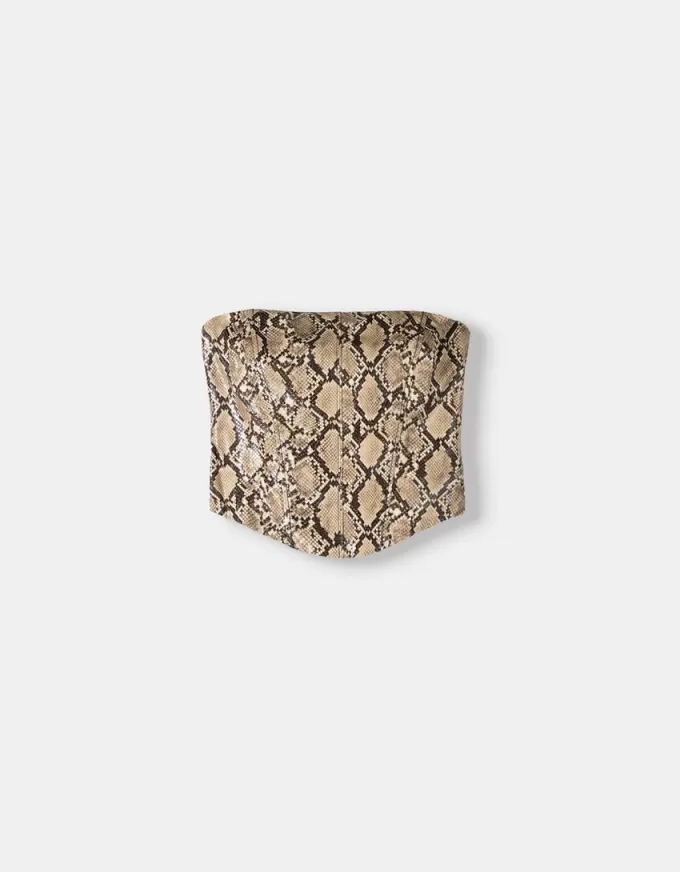 Top ispirato alla corsetteria con stampa animalier effetto pelle